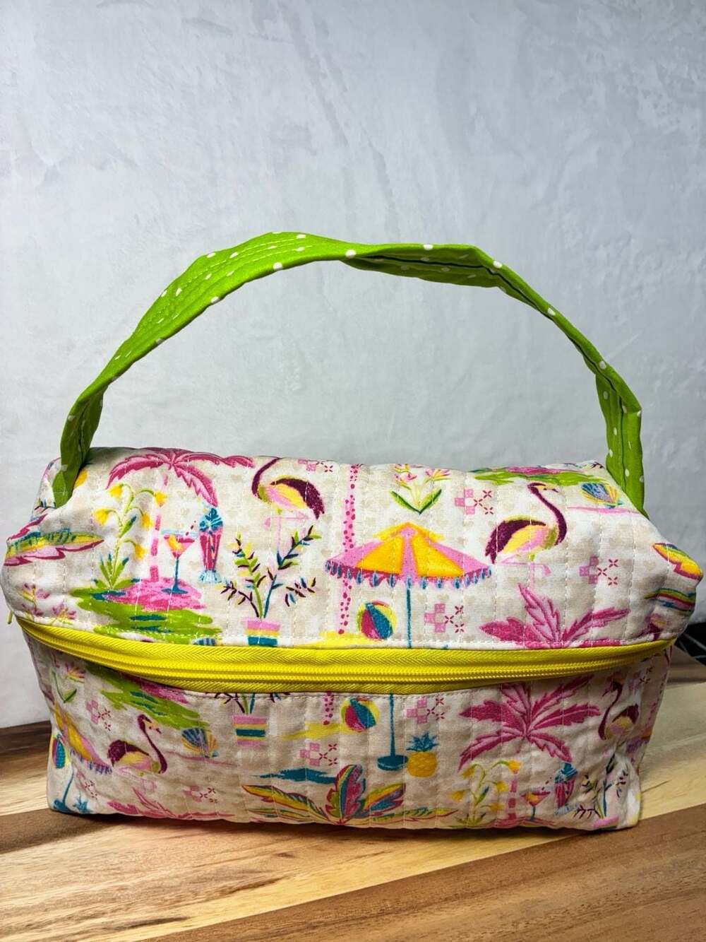 Quilted Cosmetic Bag Tropical Flamingo Print Yellow Zipper Green Handle